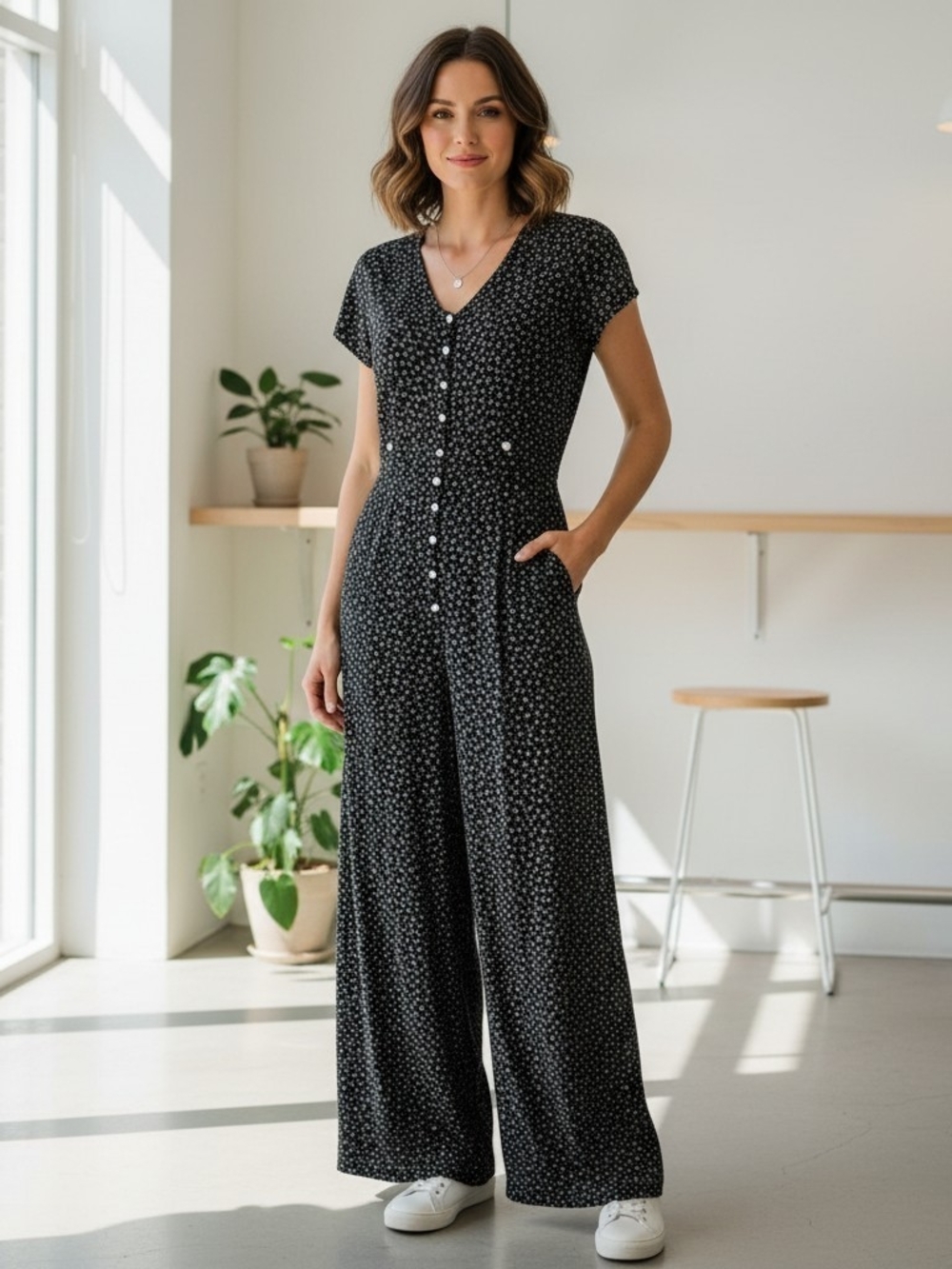 VTG Jonathan Martin 90s Navy Ditsy Floral Wide Leg Button Front Jumpsuit Medium